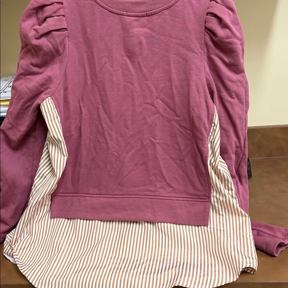 Maeve By Anthropolgie Puff Sleeve Sweatshirt With Striped Shirt Tunic Top Sz S - Picture 8 of 8